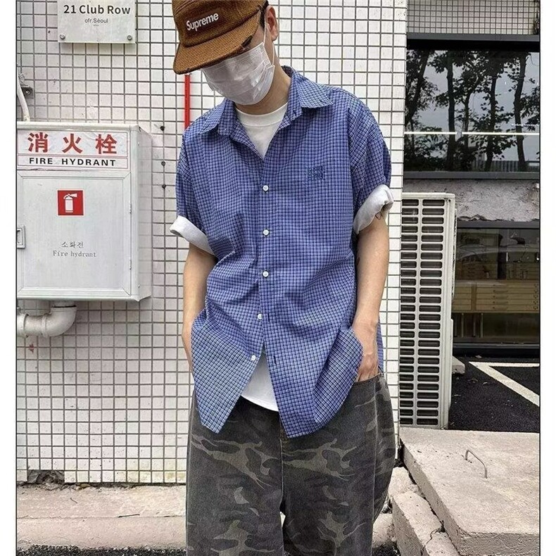 港风春秋款男女格子衬衫刺绣情侣款衬衣cs3034P33,男装衬衫,星座1013-1