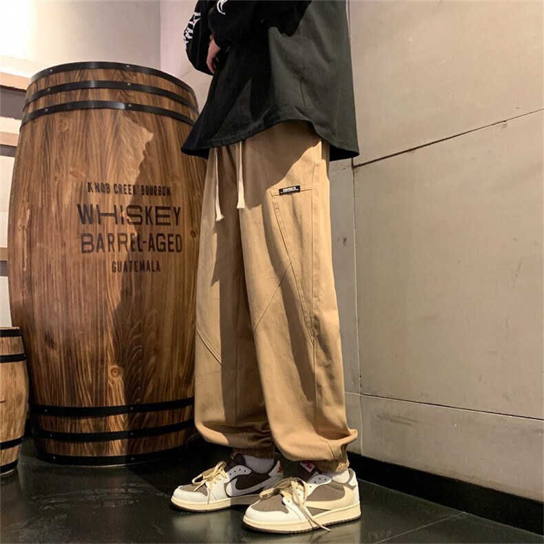 日系卡其色大抽绳工装裤春秋季炸街束脚裤青春流行男款休闲长裤子图片