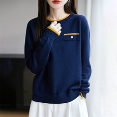 2025新款秋季小衫100%纯棉线针织衫女上衣长袖洋气遮肚拼色妈妈装，女装针织衫/毛衣，长今羊