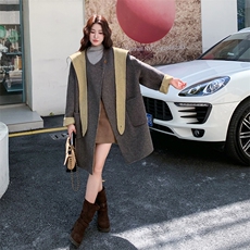 灰色娃娃领撞色连帽双面呢羊毛大衣女2025新款高级设计感加厚外套，女装羊绒大衣，2C056