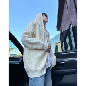 灰色连帽针织双拉链鹿毛绒毛衣男秋冬季bf开衫落肩卫衣 MY20图片