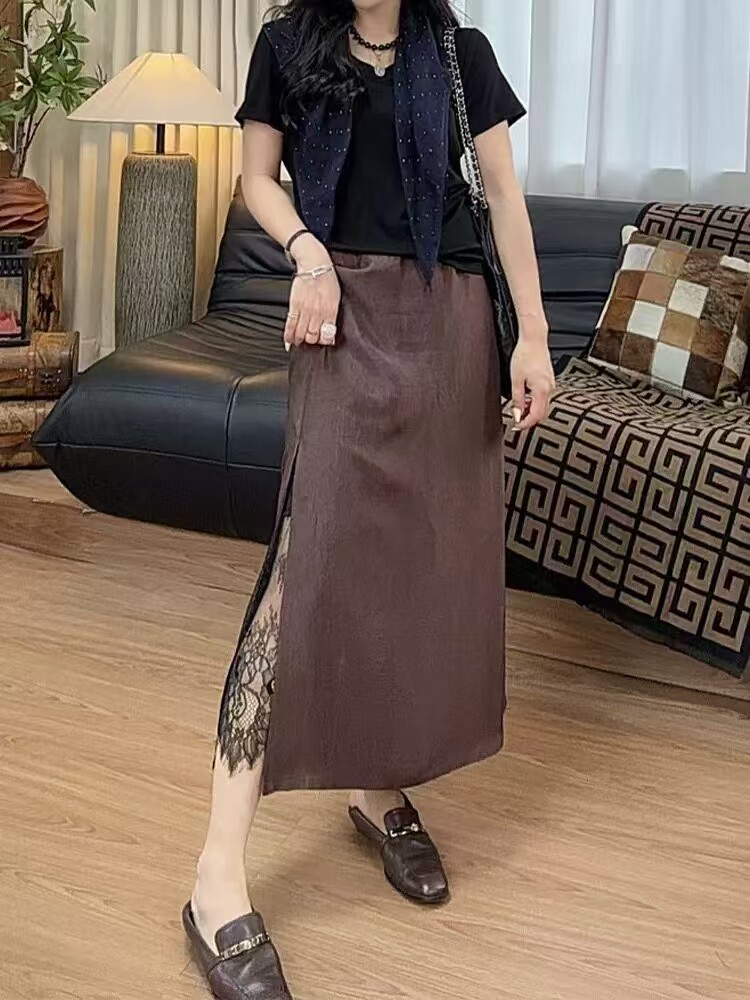 2025新款醋酸拼蕾丝半裙,女装半身裙,东正羊绒