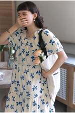 蓝白色碎花长款连衣裙，女装连衣裙，喜午