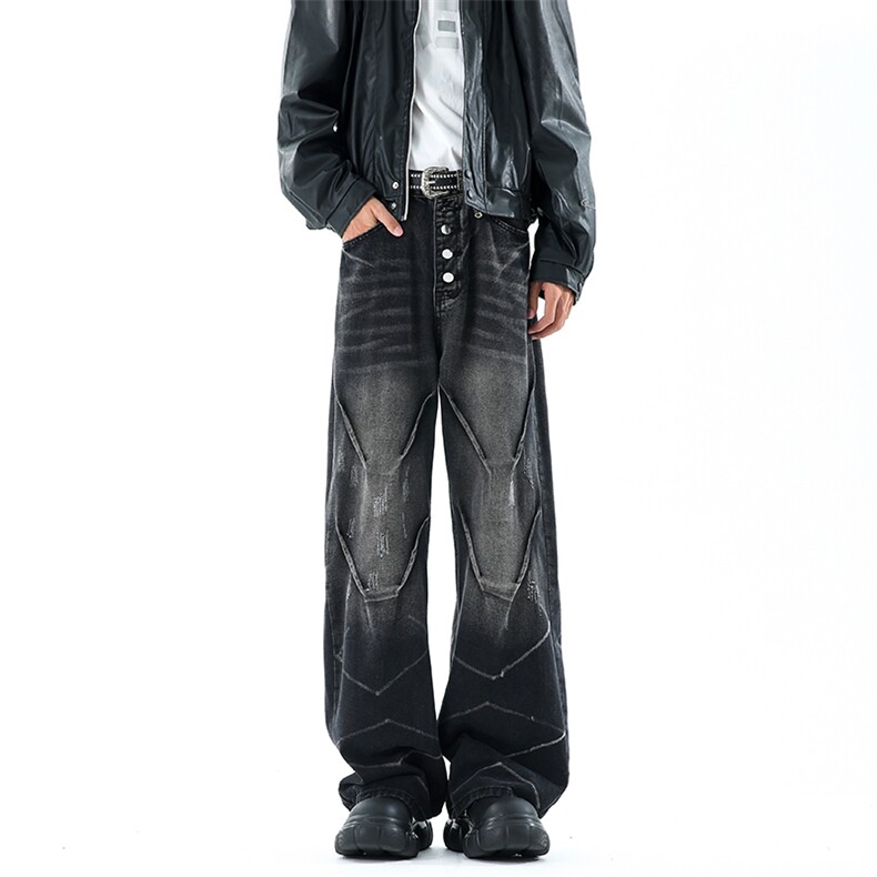 美式高街复古水洗做旧牛仔裤潮牌闪电设计感宽松直筒裤,男装牛仔裤,星座410-6（原星座1304-1）