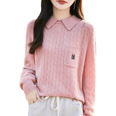 秋冬翻领刺绣扭花羊毛衫女针织打底衫套头长袖毛衣宽松Polo领加厚，女装羊毛衫，暖烁羊绒