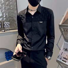 春秋新款发型师潮牌男装长袖拼接休闲衬衫男网红同款修身帅气衬衣，男装衬衫，星座506A
