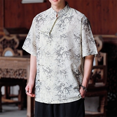 新中式现货衬衫2025夏季短袖棉麻竹叶上衣CS35-P65控89，男装T恤，电商A021