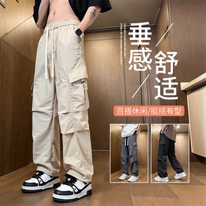 得物二开 春季新款多口袋伞兵裤宽松直筒休闲裤工装裤 K502-P42图片