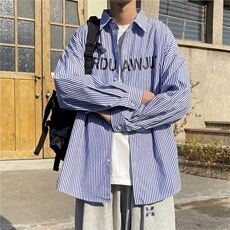 条纹衬衫男字母印花韩版潮流帅2023春夏新款ins宽松外套W4481-P33，男装衬衫，星座412-3