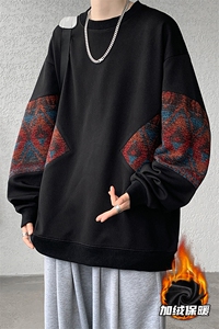 8XL-M民族风加绒加厚卫衣男款冬季拼接套头衫特大码外套WY005P58图片