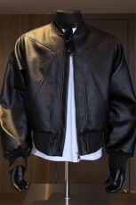 美式pu皮衣外套男秋季高级感痞帅立领机车夹克潮牌boxy红内棒球服，男装夹克，电商基地A086