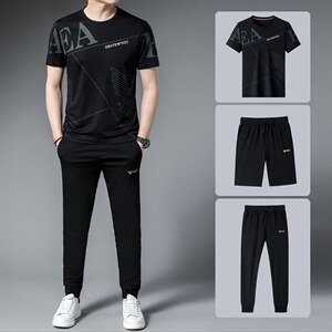 男装2023夏季冰丝三件套男士宽松长裤休闲中年爸爸夏装短袖运动套图片