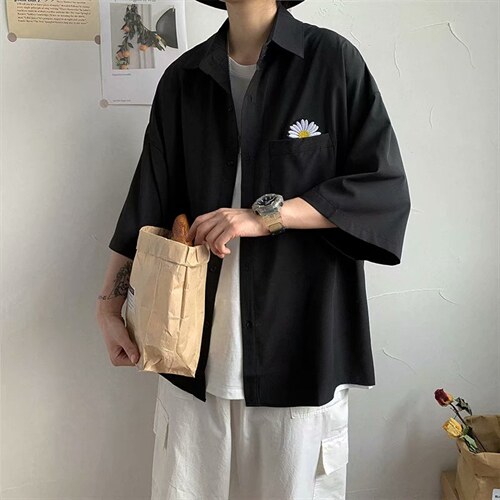 C3020-p28菊花短袖衬衫潮牌港风衣服宽松潮流情侣ins衬衣，男装衬衫，星座1008-1