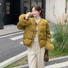 新中式高端提花狐狸毛羽绒服H8368P355K498，女装羽绒服，红龙果