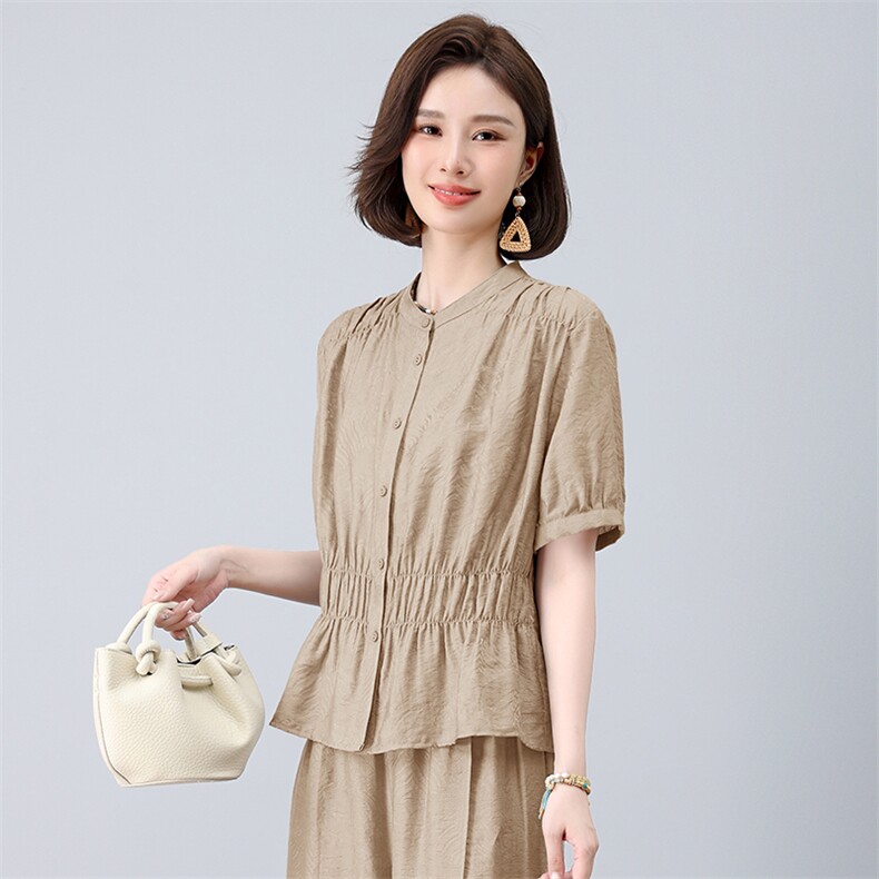 女2026夏季优雅短袖天丝亚麻衬衫阔腿裤时尚上衣可单卖，女装衬衫，曼沙奕珂