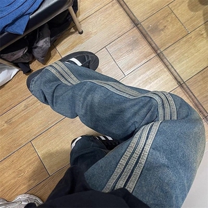 复古牛仔裤男春秋宽松潮牌痞帅条纹直筒阔腿裤子 NWY03图片