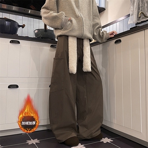 松弛工装风秋冬加绒复古休闲裤韩版时髦高街阔腿裤K883P60控98图片