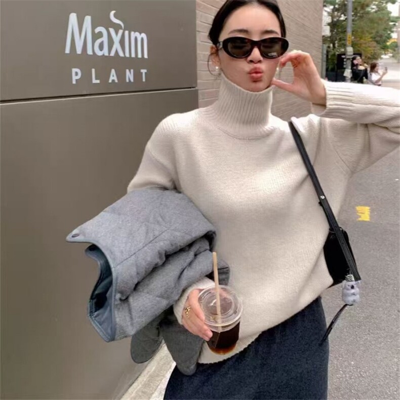时尚百搭女士落肩高领羊毛衫羊毛保暖显瘦毛衣,女装羊毛衫,旭驰羊绒