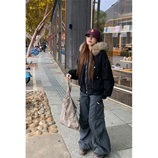 现货重磅boxy短款棉衣座山雕大毛毛领男女棉服水洗工装厚外套，男装棉衣，电商A486