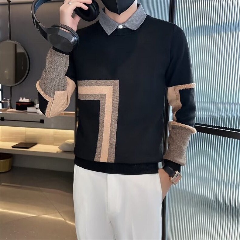 社会小伙春秋假两件衬衫领毛衣男韩版打底针织衫男外套M3347，男装针织衫/毛衣，星座1116A-2（原606A-1）