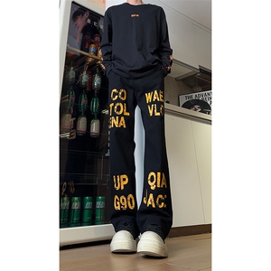 现货 美式高街斑驳黄色字母宽松直筒牛仔裤男 K5818-P50 控68,男装牛仔裤,星座205