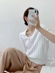 2025新款夏季薄款翻领针织短袖女宽松显瘦百搭休闲上衣图片