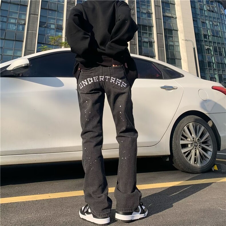 美式高街vibe风刺绣牛仔裤男ins潮牌嘻哈直筒微喇叭长裤NA17P50,男装牛仔裤,星座1116-2