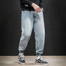2021冬季日系马切达大码男印花拼接束脚加绒加厚牛仔裤N80161-P60，男装牛仔裤，电商A001