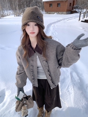（预售7天）撞色翻领木耳边羊毛呢外套女冬季夹棉保暖呢子夹克女，女装棉衣/棉服，浙宝189