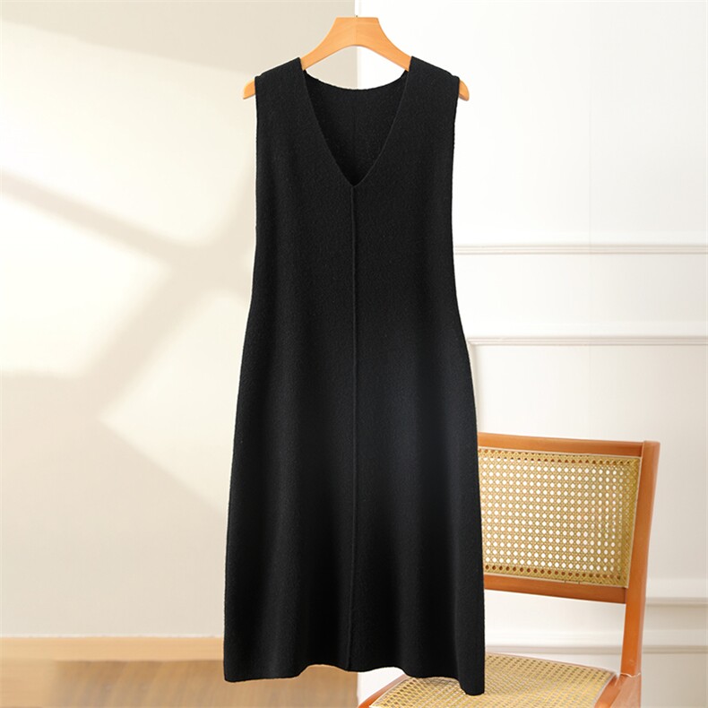 春秋纯色针织马夹女V领无袖背心宽松毛线中长款坎肩百搭韩版，女装连衣裙，松航羊绒