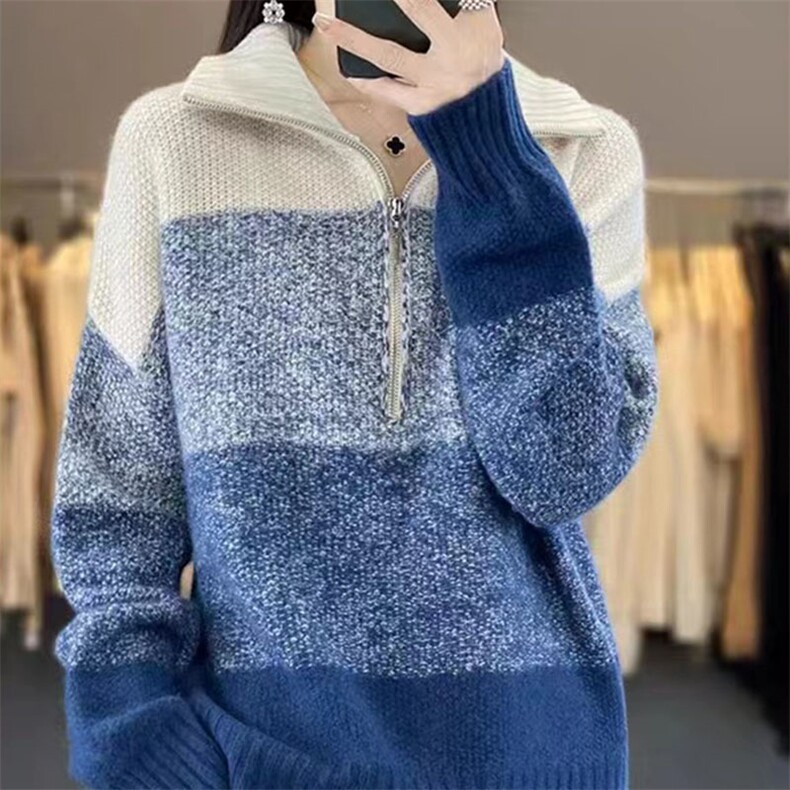 秋冬拉链高领100%羊毛衫女复古撞色长袖毛衣宽松慵懒羊绒针织打底,针织衫/毛衣,萱芳婷羊绒