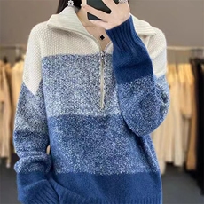秋冬拉链高领100%羊毛衫女复古撞色长袖毛衣宽松慵懒羊绒针织打底，女装针织衫/毛衣，萱芳婷羊绒