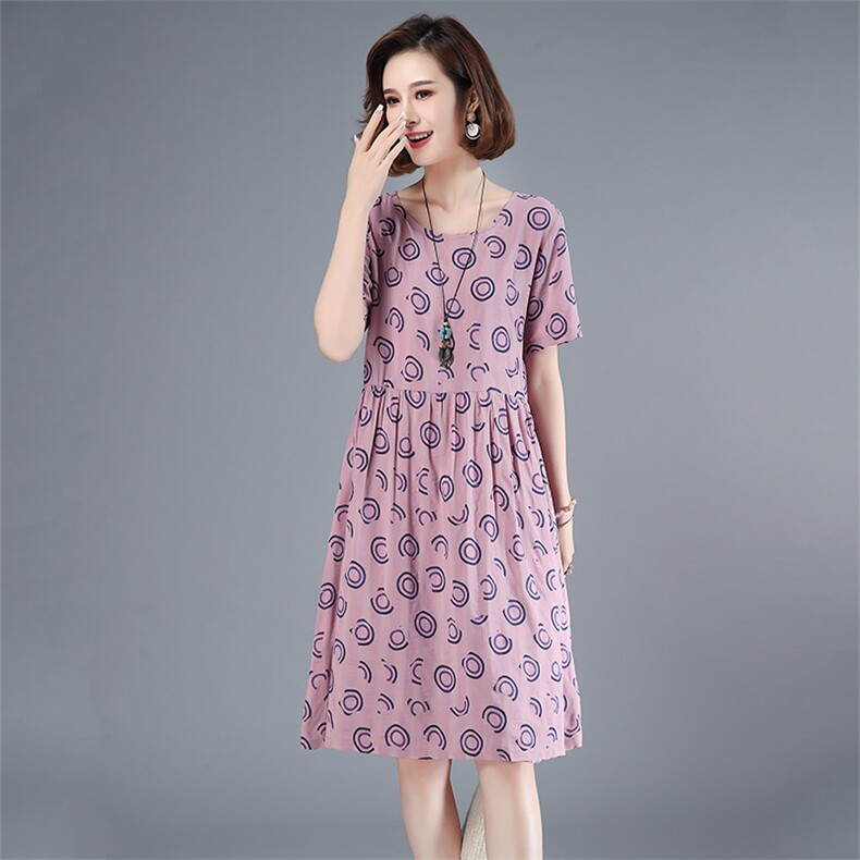 2021年夏季文艺连衣裙中长款A字裙印花棉皱圆点高腰短袖裙子,女装连衣裙,伊满意