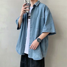 牛仔短袖衬衫男夏季薄款潮流五分袖衬衣ins百搭宽松外套CS124-P40，男装衬衫，星座1008