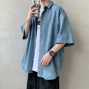 牛仔短袖衬衫男夏季薄款潮流五分袖衬衣ins百搭宽松外套CS124-P40图片