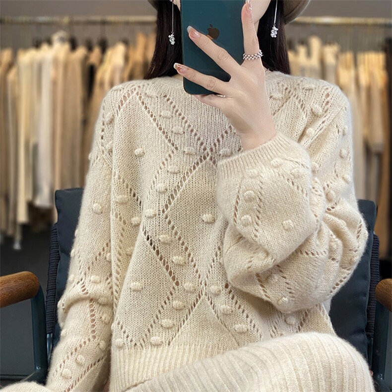 重工钩花100%纯羊毛衫女圆领镂空长袖毛衣宽松慵懒羊绒针织打底衫,女装羊毛衫,琳华羊绒