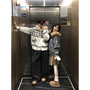 重磅北极绒座山雕毛衣外套冬美式复古休闲慵懒风大毛毛领针织开衫图片