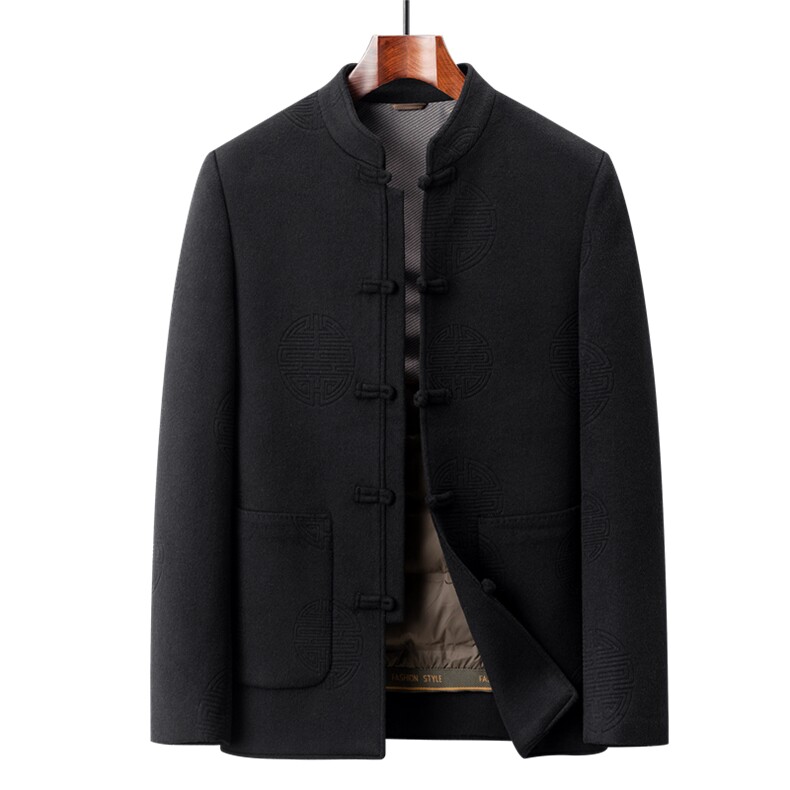 高端羊毛双面呢羽绒服唐装大衣男中年秋冬风双面呢羽绒服外套,男装羽绒服,钱塘723