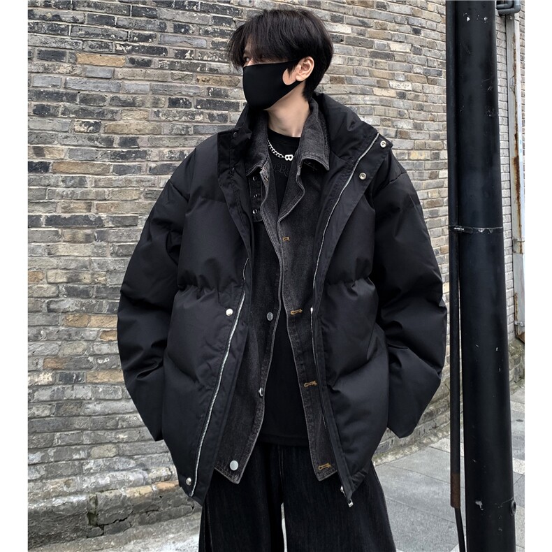牛仔拼接棉服男款冬季假两件棉衣韩版潮流面包服外套12209-p115图片