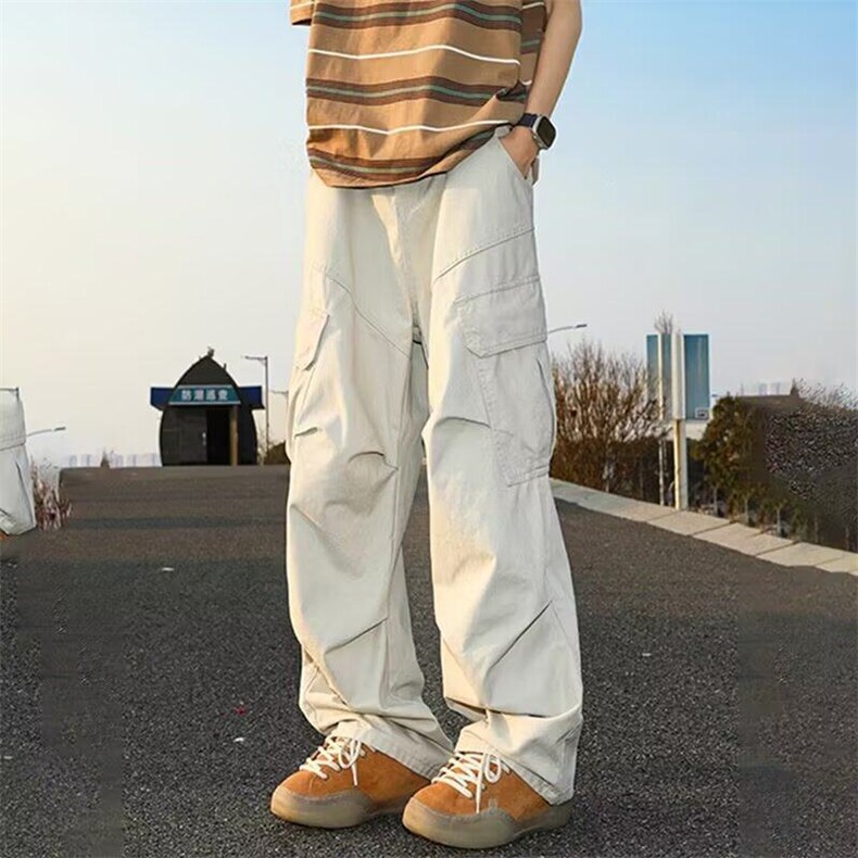 杏色美式街头工装裤男春秋季设计感宽松痞帅垂坠感直筒裤子休闲裤,男装工装外套,星座218-1（原230）