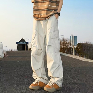 杏色美式街头工装裤男春秋季设计感宽松痞帅垂坠感直筒裤子休闲裤