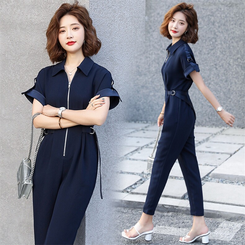 中腰夏季薄款立体裁剪连衣通勤翻领拉链装饰女装，女装连体裤，微微衣阁