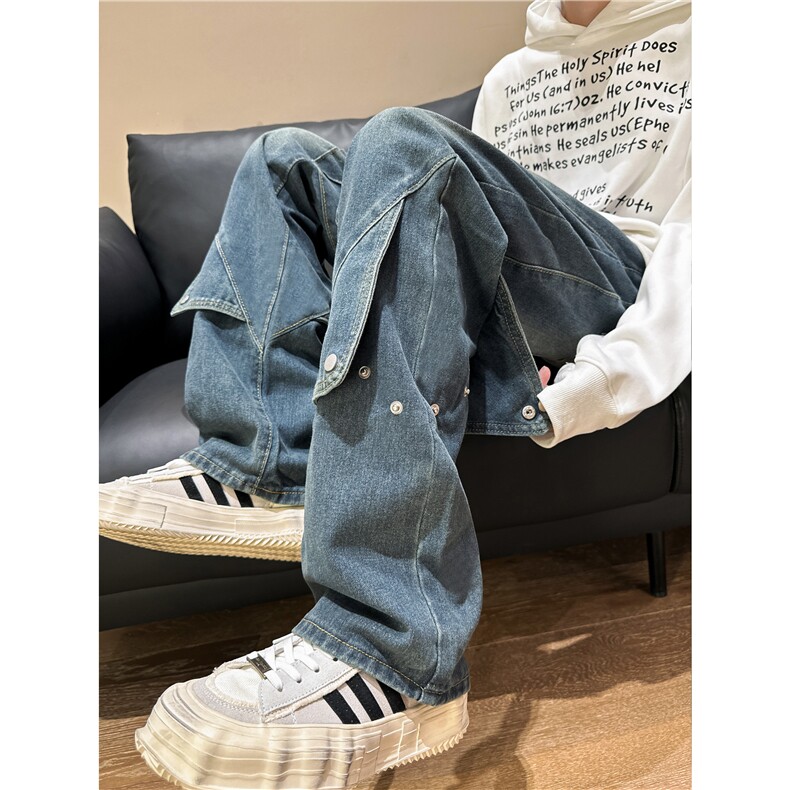 美式复古蓝色排扣牛仔裤设计感纽扣XZ603-K805-P60控78,男装牛仔裤,星座603