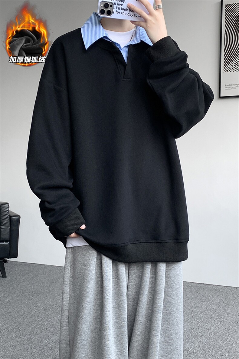 重磅华棉380g假两件Polo领保暖银狐绒男卫衣W5432J加绒-特P45控88,男装棉衣,电商A001