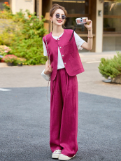 2025夏季新款纯色马甲玫红色三件套阔腿长裤T恤女装高档透气麻料，女装套装/套裙，布芭啦