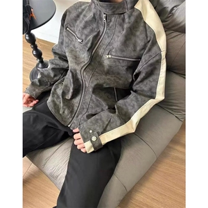 美式复古机车磨砂拼皮潮牌立领棒球服飞行皮衣夹克外套JK3606-P85图片