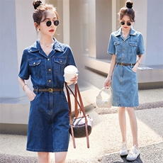 大码女装胖mm港风复古翻领收腰牛仔连衣裙女夏气质显瘦遮肚中长裙，女装连衣裙，E百度