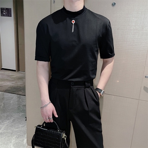 王嘉尔同款高弹显瘦修身短袖T恤小众半高领半袖男潮 TX1221-P48图片