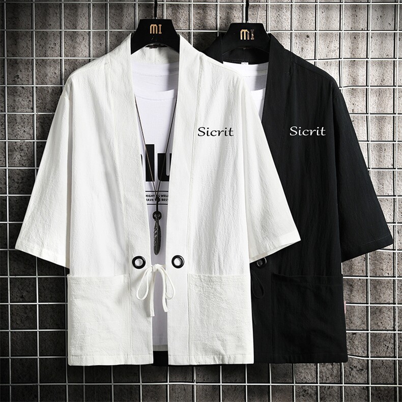 HF59098-P40风汉服男开衫外套七分袖道袍网格挂拍,男装民族服装,电商A040A
