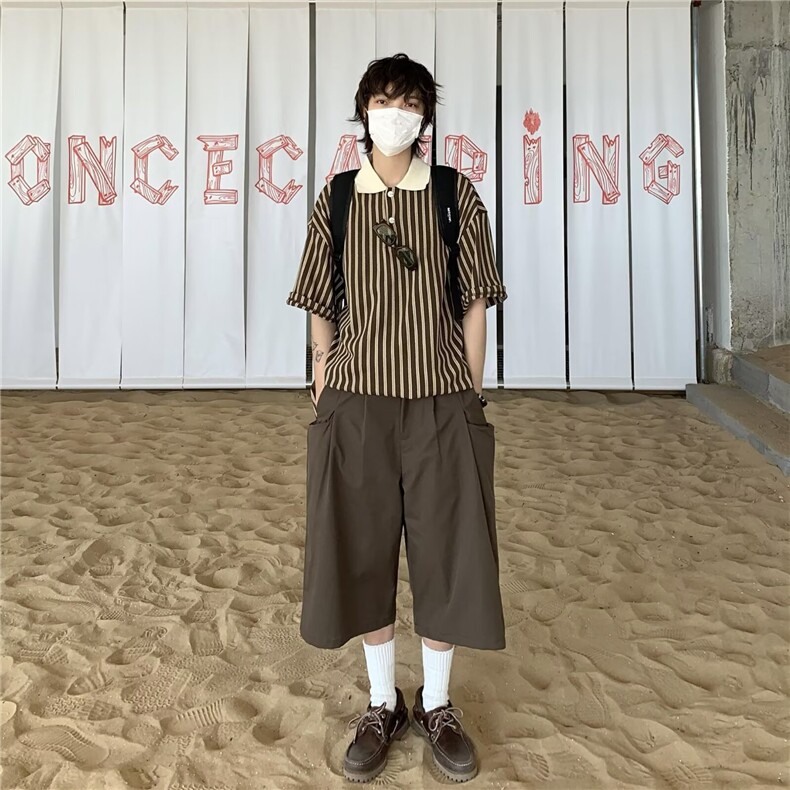 日系复古白色七分裤潮牌街头夏季宽松马裤男女休闲设计感工装短裤,男装牛仔裤,星座506A